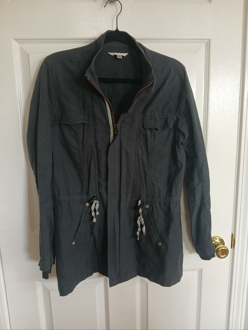 CAbi Womans Charcoal Field Jacket with Drawstring Waist Lightweight Old Money